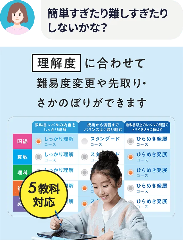 簡単すぎたり難しすぎたりしないかな？　理解度に合わせて難易度変更や先取り・さかのぼりができます
