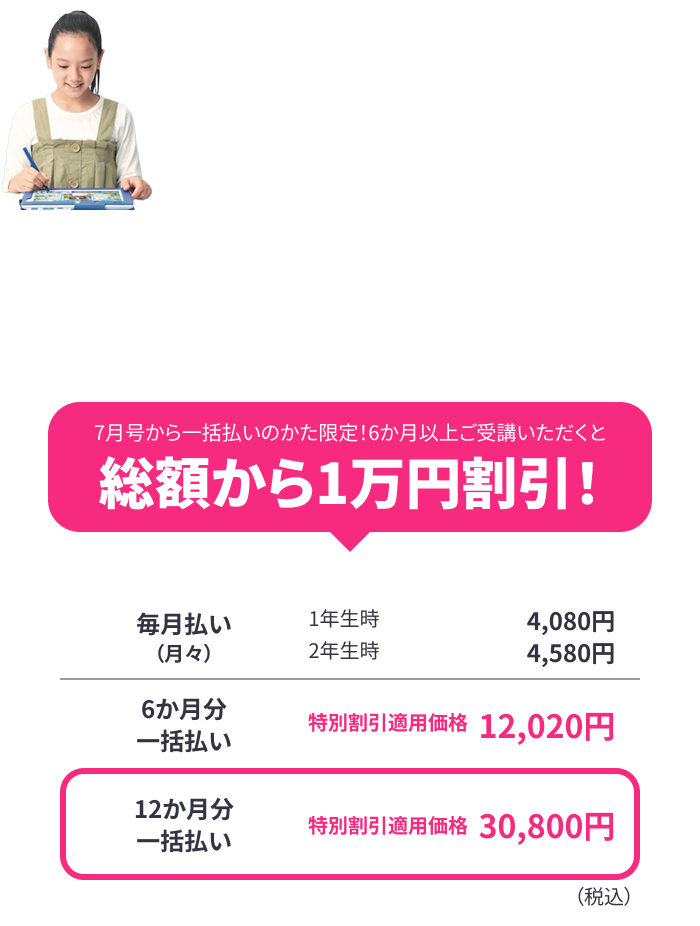 チャレンジ®タッチ　受講用タブレットを中心に、動画や音声によって理解・演習・定着。学習ペースをつくりやすいスタイルです。 - 現在小学1年生の場合 -7月号から一括払いのかた限定！6か月以上ご受講いただくと総額から1万円割引！
